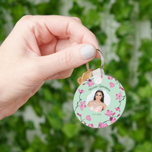 Pink Cherry Blossoms, Mint Green, Photo Key Ring (Hand)