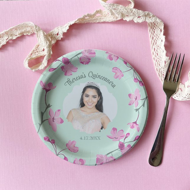 Pink Cherry Blossoms, Mint Green, Photo Paper Plate (Creator Uploaded)