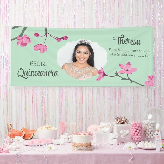Pink Cherry Blossoms, Mint Green Quinceneara Photo Banner (Party)