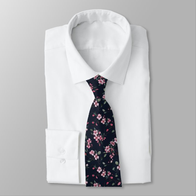 Pink cherry blossoms on a navy blue pattern tie (Tied)
