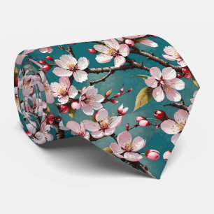 Pink Cherry Blossoms On A Teal Background Tie