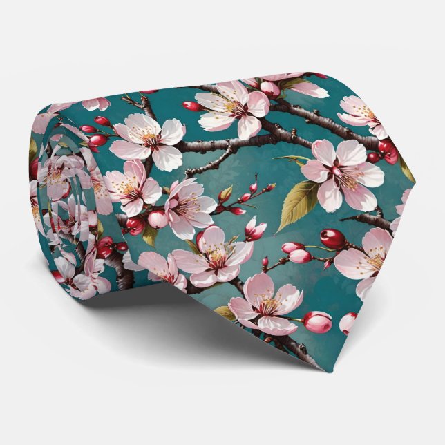 Pink Cherry Blossoms On A Teal Background Tie (Rolled)