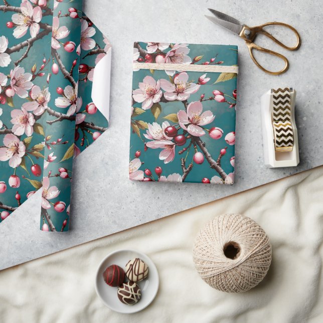 Pink Cherry Blossoms on a Teal Background Wrapping Paper (Crafts)