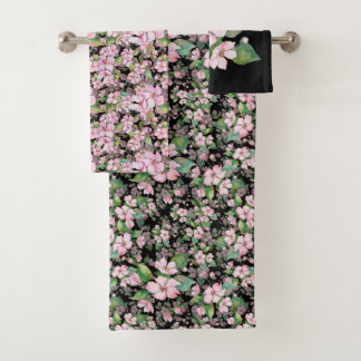 Pink Cherry Blossoms On Black Bathroom Towel Set