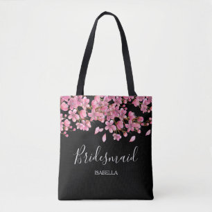 Pink Cherry Blossoms On Black Bridesmaid Tote Bag
