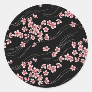 Pink Cherry Blossoms on Black Classic Round Sticker