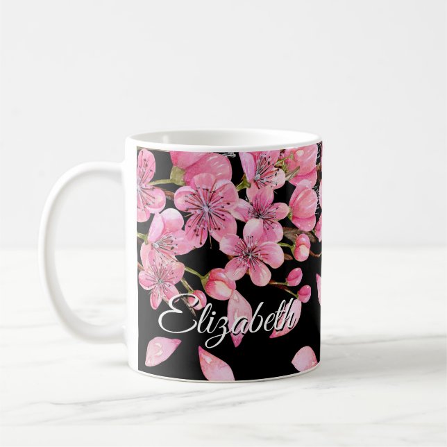 Pink Cherry Blossoms On Black Coffee Mug (Left)