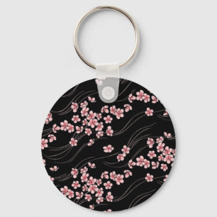 Pink Cherry Blossoms on Black Key Ring