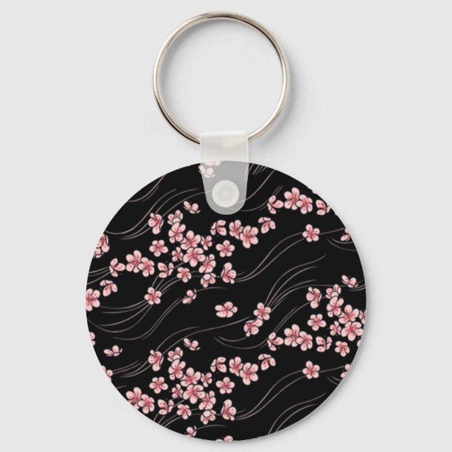 Pink Cherry Blossoms on Black Key Ring (Front)