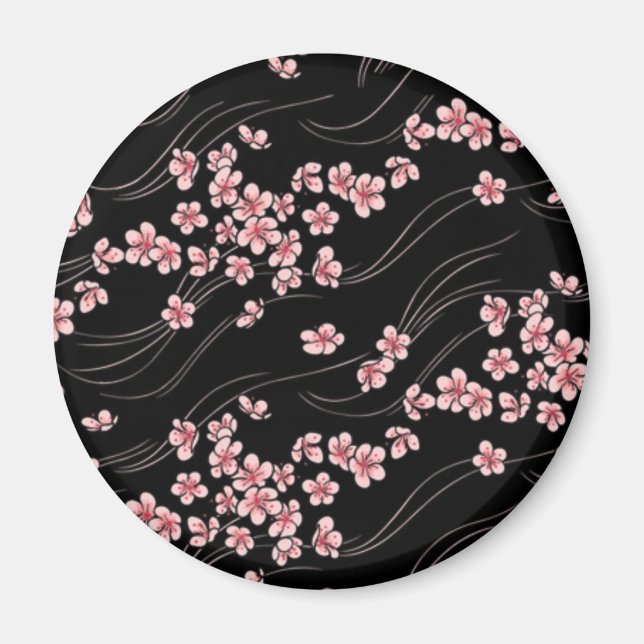 Pink Cherry Blossoms on Black Magnet (Front)