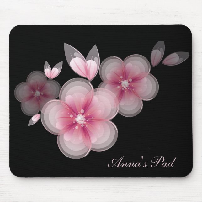 Pink Cherry Blossoms On Black Mouse Mat (Front)