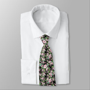 Pink Cherry Blossoms On Black Neck Tie