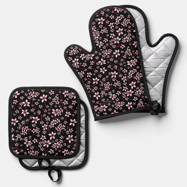 Pink Cherry Blossoms On Black Oven Mitt & Pot Holder Set (Front/Back)