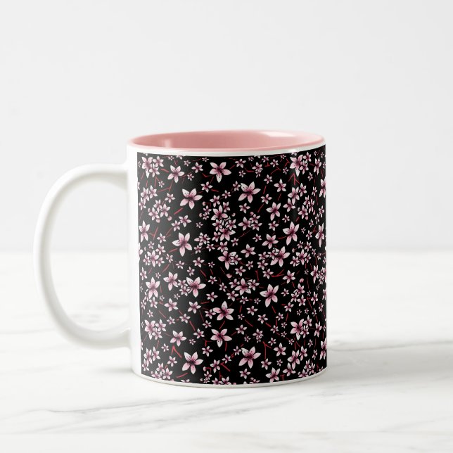 Pink Cherry Blossoms On Black Two-Tone Coffee Mug (Left)