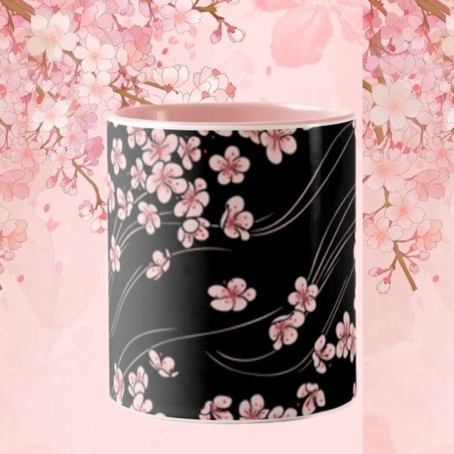 Pink Cherry Blossoms on Black Two-Tone Coffee Mug (Creator Uploaded)