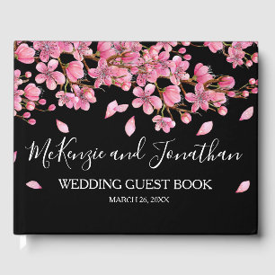 Pink Cherry Blossoms On Black Wedding Guest Book