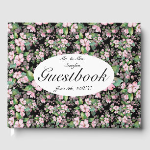 Pink Cherry Blossoms On Black Wedding Guest Book