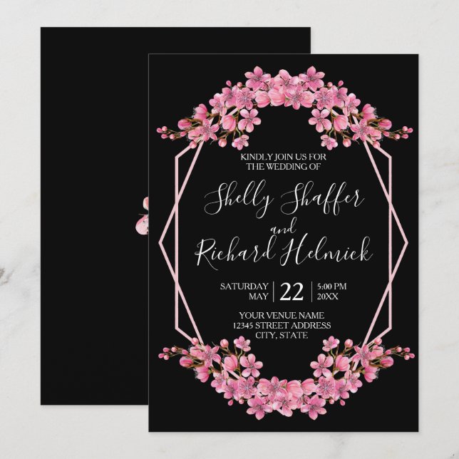 Pink Cherry Blossoms On Black Wedding Invitation (Front/Back)