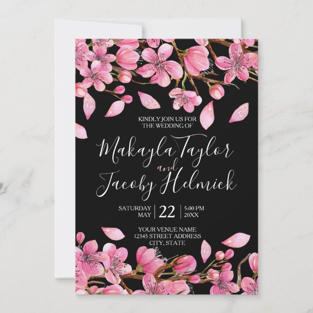 Pink Cherry Blossoms On Black Wedding Invitation (Front)