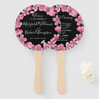 Pink Cherry Blossoms On Black Wedding Program Hand Fan
