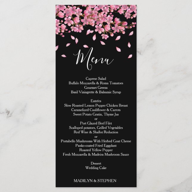 Pink Cherry Blossoms On Black Wedding Reception Menu (Front)