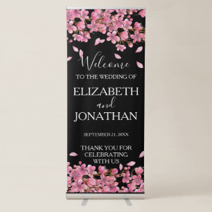 Pink Cherry Blossoms On Black Wedding Retractable Banner