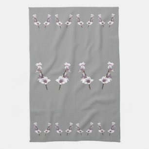 Pink Cherry Blossoms on Grey Tea Towel