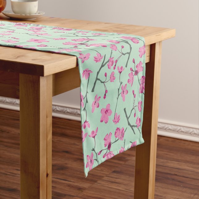 Pink Cherry Blossoms on Mint Green Floral Medium Table Runner (In Situ)