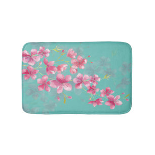 Pink Cherry Blossoms on Teal Bath Mat