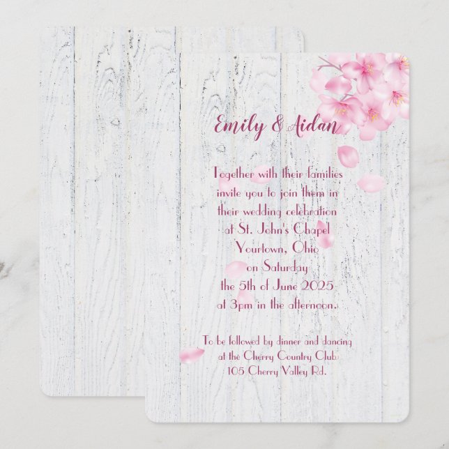 pink cherry blossoms on wood wedding invitation (Front/Back)