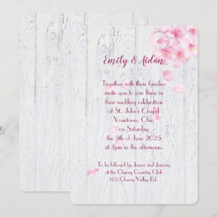 pink cherry blossoms on wood wedding invitation