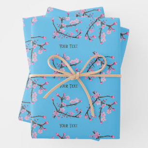 Pink Cherry Blossoms Personalised Sky Blue Wrapping Paper Sheet