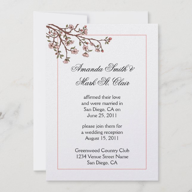 Pink Cherry Blossoms Post Wedding Reception Invit Invitation (Front)