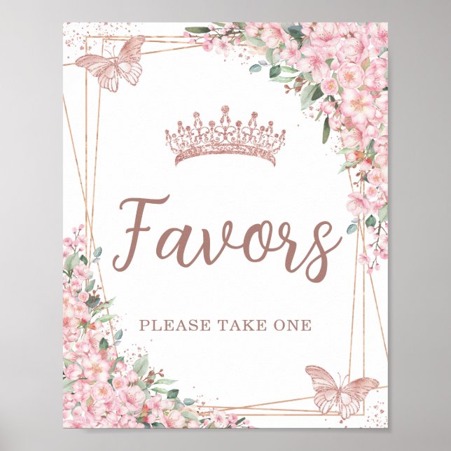 Pink Cherry Blossoms Rose Gold Butterflies Favours Poster (Front)