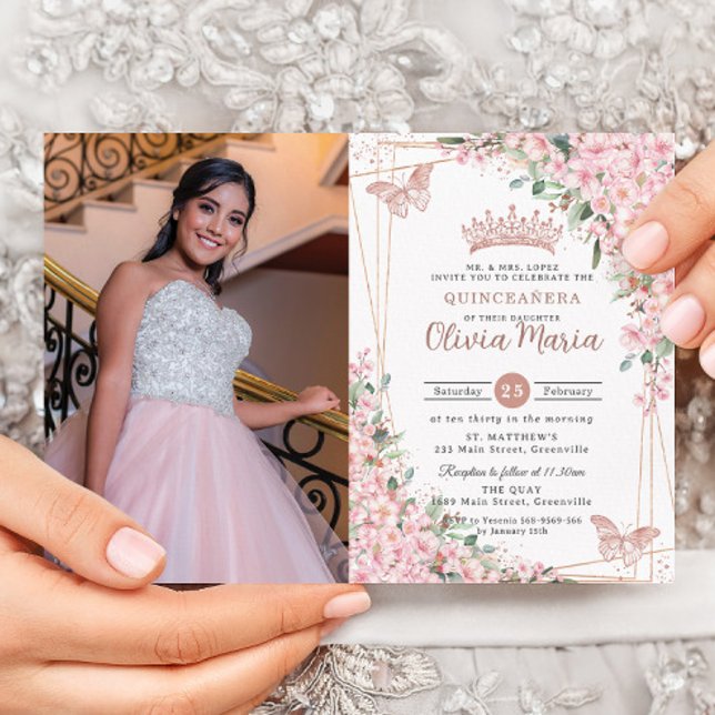 Pink Cherry Blossoms Rose Gold Quinceañera Photo Invitation (Creator Uploaded)