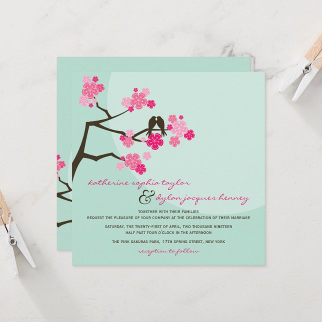 Pink Cherry Blossoms Sakura Love Birds Wedding Invitation (Front/Back In Situ)