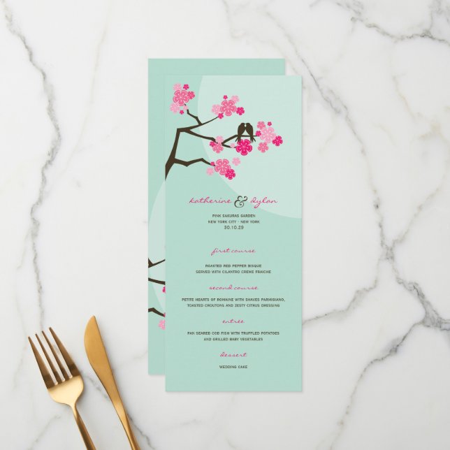 Pink Cherry Blossoms Sakura Love Birds Wedding Menu (Front/Back In Situ)