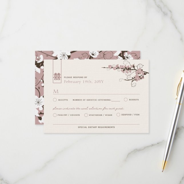 Pink Cherry Blossoms Sakura Swirls Asian Wedding RSVP Card (Front/Back In Situ)