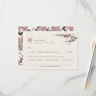 Pink Cherry Blossoms Sakura Swirls Asian Wedding RSVP Card