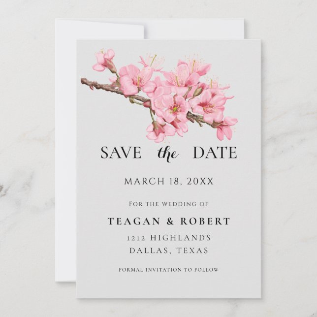 Pink cherry blossoms  save the date (Front)