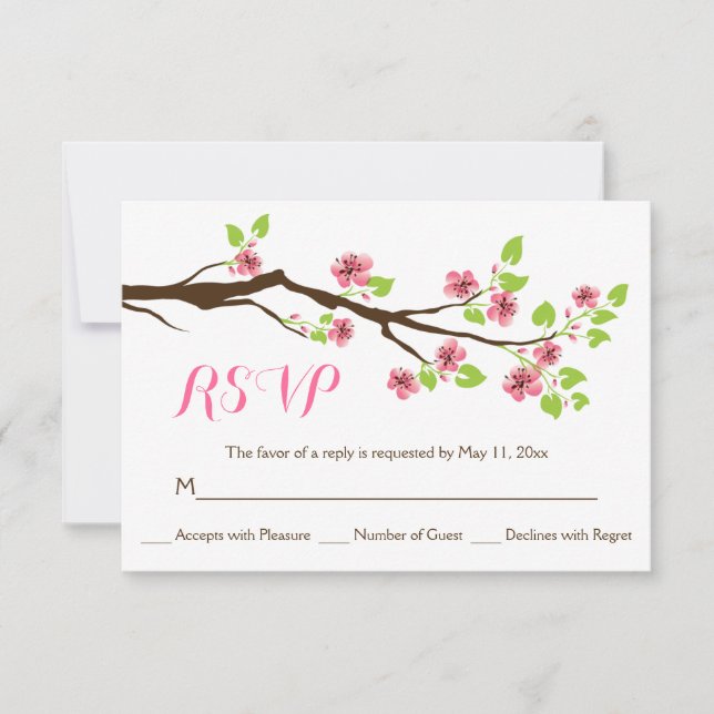 Pink cherry blossoms spring wedding RSVP (Front)