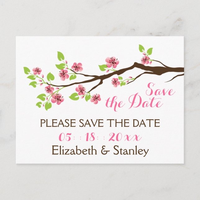 Pink cherry blossoms spring wedding Save the Date Announcement Postcard (Front)