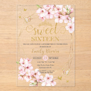 Pink Cherry Blossoms Sweet 16 Sixteen Birthday  Acrylic Invitations