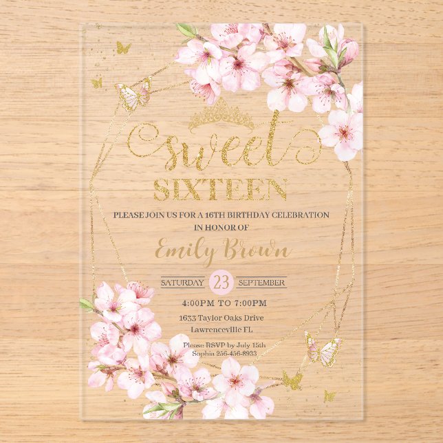 Pink Cherry Blossoms Sweet 16 Sixteen Birthday  Acrylic Invitations (Front)