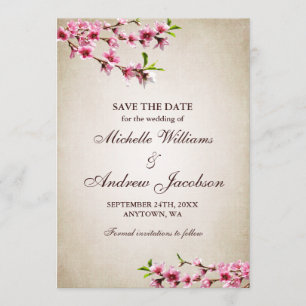 Pink Cherry Blossoms Tan Wedding Save the Date