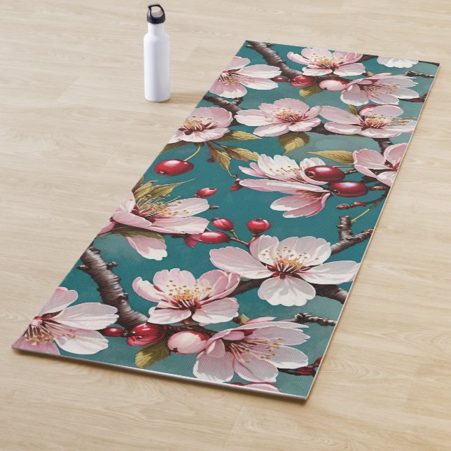 Pink Cherry Blossoms Teal Background Yoga Mat (In Situ)