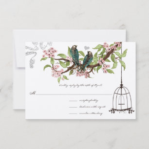 Pink Cherry Blossoms Teal Birds Birdcage RSVP Card