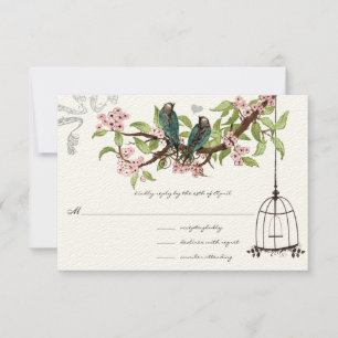 Pink Cherry Blossoms Teal Birds Birdcage RSVP Card