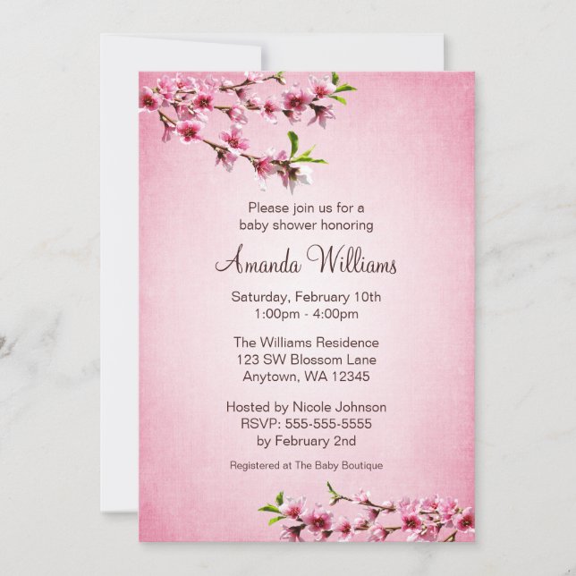 Pink Cherry Blossoms Vintage Baby Shower Invitation (Front)