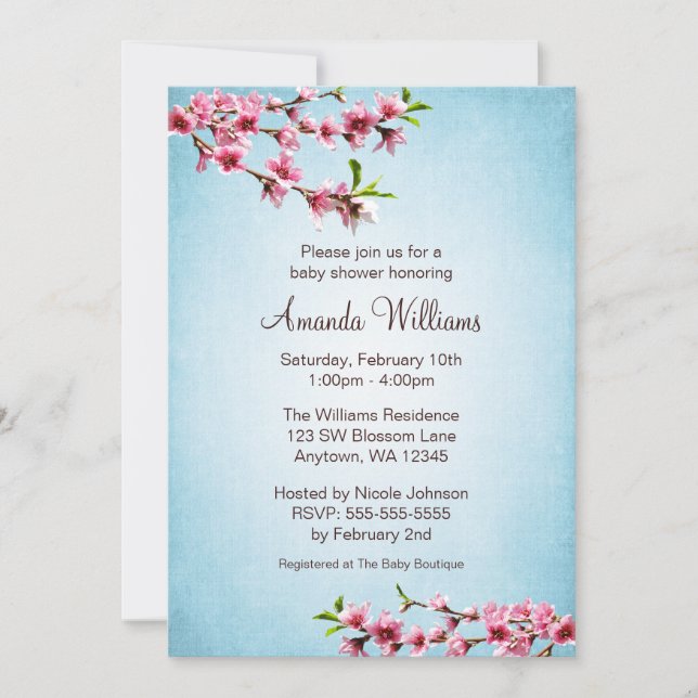 Pink Cherry Blossoms Vintage Blue Baby Shower Invitation (Front)